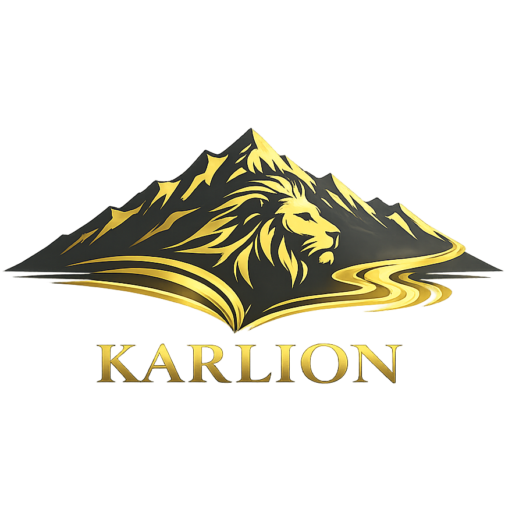 Logotip Karlion z goro, zlatim levom in zlato potjo