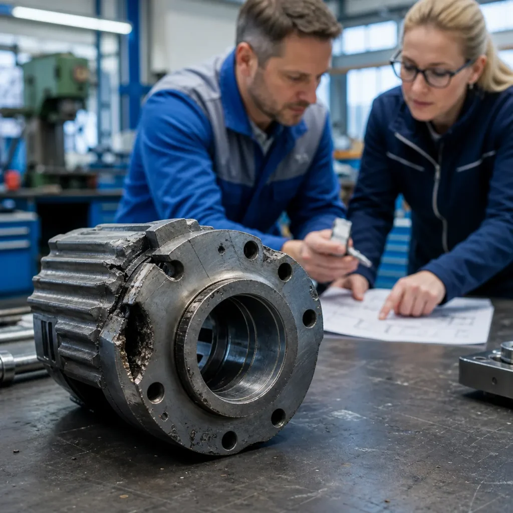 Poškodovana industrijska komponenta med pregledom dokazov