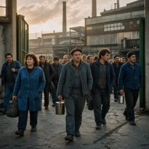 Industrijski delavci po koncu izmene zapuščajo veliko tovarno
