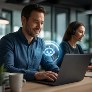 Stranka uporablja digitalnega pomočnika z obvestilom o umetni inteligenci