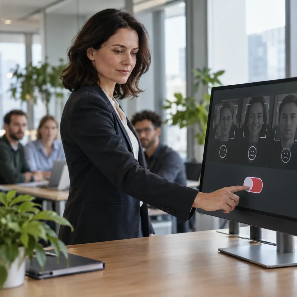 Zaposlena pred zaslonom sistema za biometrično analizo