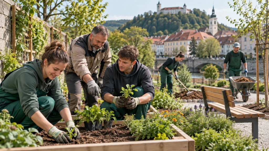 Udeleženci javnih del urejajo skupnostni vrt