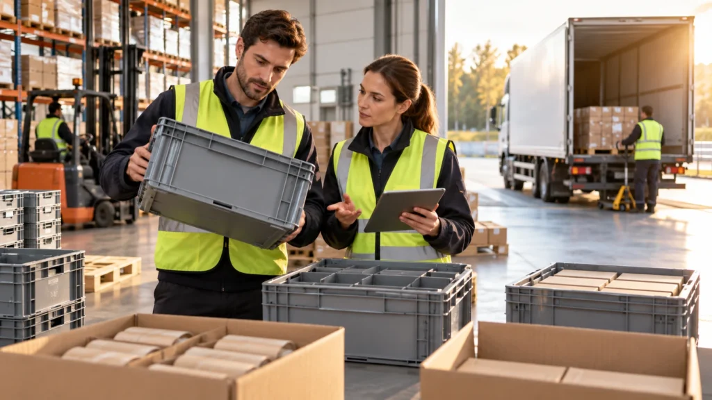 Logistična ekipa preverja ponovno uporabljivo transportno embalažo